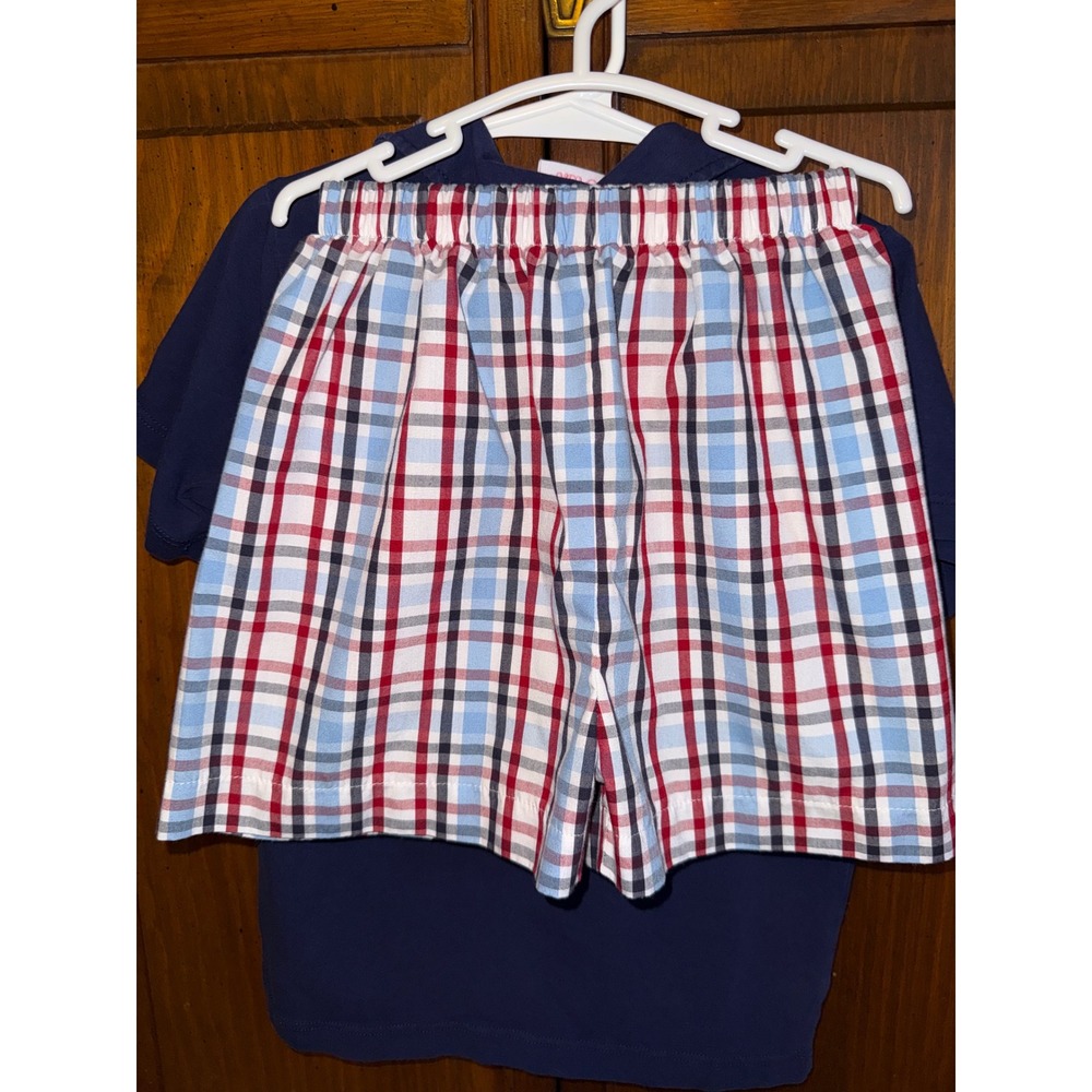 Stitchy Fish Boys Navy Blue Polo and Plaid Shorts 2-Piece Set Size 5 Cotton - Picture 3 of 5